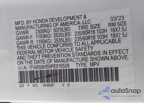 2023 Honda Cr-V Sport z USA, uszkodzony, nr VIN 7FARS6H59PE01650